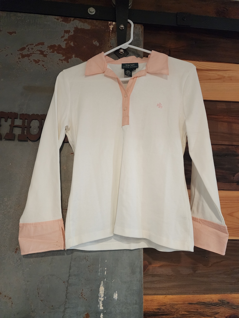 Lauren Ralph Lauren White With Pink 3/4 Sleeve Knit Top Shirt- RLL on Chest